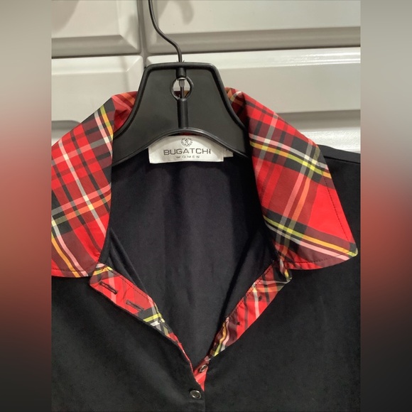 Bugatchi Womens M Black Red Striped Button 3/4 Sleeve Stretch Soft Polo Golf Top - Picture 3 of 10